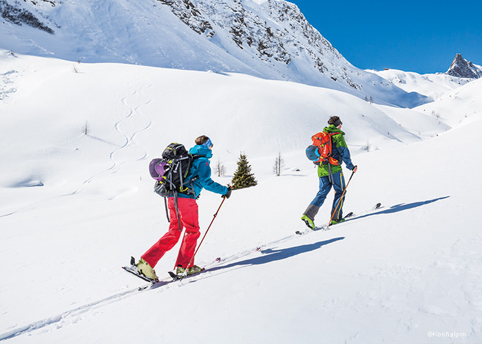 Zwei Skifahrer in bunten Jacken und Rucksäcken fahren unter einem klaren blauen Himmel einen schneebedeckten Berghang hinauf. Sie benutzen Skistöcke, im Hintergrund sind schneebedeckte Gipfel zu sehen. Vereinzelte Bäume stehen verstreut im Schnee.