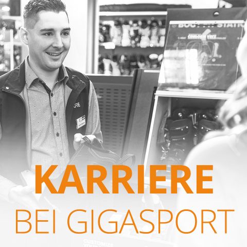 Eine Person hinter einer Theke bedient einen Kunden in einem Geschäft. „Karriere bei Gigasport“ steht in fetter Schrift quer über das Bild. Die Szene lässt auf eine Einzelhandelsumgebung schließen, in der Sport- oder Outdoor-Ausrüstung im Mittelpunkt steht.