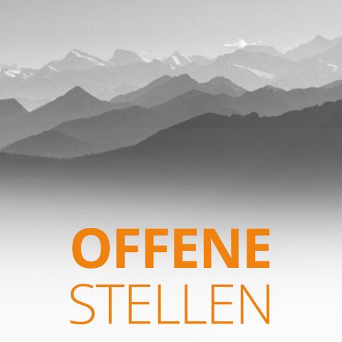 Einfarbige Bergkette im Hintergrund mit den deutschen Worten „OFFENE STELLEN“ in fetten orangefarbenen Buchstaben im Vordergrund.