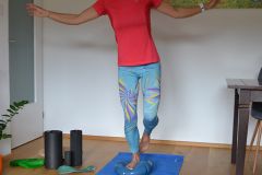 Eine Person balanciert auf einem blauen Trainingskissen auf einer Yogamatte. Sie trägt ein rotes Hemd und bunte Leggings. Trainingsgeräte wie Schaumstoffrollen und Widerstandsbänder liegen in der Nähe auf dem Holzboden.