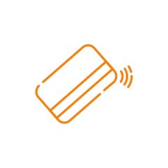 Eine minimalistische orangefarbene Strichzeichnung einer Kreditkarte mit einem kontaktlosen Symbol, das drahtloses Bezahlen bedeutet. Die Karte ist schräg gehalten und der Hintergrund ist weiß.