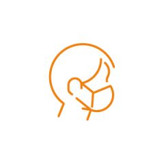 Illustration einer orangefarbenen Strichzeichnung des Seitenprofils einer Person mit Gesichtsmaske. Der Hintergrund ist weiß und das Design ist einfach und minimalistisch.