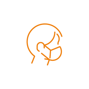 Illustration einer orangefarbenen Strichzeichnung des Seitenprofils einer Person mit Gesichtsmaske. Der Hintergrund ist weiß und das Design ist einfach und minimalistisch.