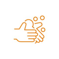 Symbol von zwei Händen, die mit Seifenblasen gewaschen werden, orange umrandet auf weißem Hintergrund.