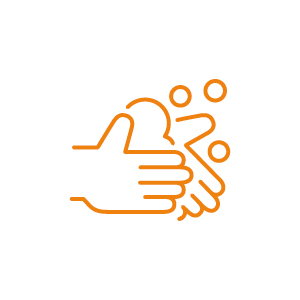 Symbol von zwei Händen, die mit Seifenblasen gewaschen werden, orange umrandet auf weißem Hintergrund.