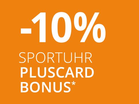 Oranger Hintergrund mit weißem Text: „-10% SPORTUHR PLUSCARD BONUS*“.