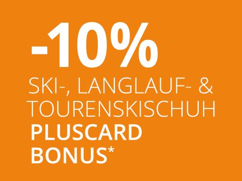 Orangefarbener Hintergrund mit weißer Schrift bietet 10 % Rabatt auf Ski-, Langlauf- und Tourenskischuhe mit Pluscard-Bonus.