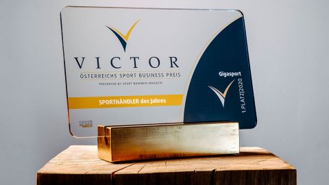 Eine rechteckige Auszeichnungsplakette mit dem Text „Victor Österreichs Sport Business Preis“. Darauf sind „Sporthändler des Jahres“ und „Gigant 1. Platz 2020“ zu sehen, montiert auf einem Holzsockel auf einer Holzoberfläche vor grauem Hintergrund.