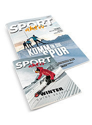Es werden zwei Titelbilder des Magazins SPORT aktiv gezeigt. Das obere Cover zeigt drei Skifahrer mit dem Text „Komm in die Spur“. Das untere Cover zeigt eine Person in einer roten Jacke beim Skifahren auf einem schneebedeckten Hang mit dem Text „Winter Guide“.