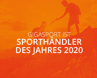 Zwei Wanderer als Silhouetten auf einem Hügel, wobei einer dem anderen beim Aufstieg hilft. Auf dem orangefarbenen Hintergrund steht der Text: „Gigasport ist Sporthändler des Jahres 2020.“.