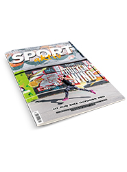Titelbild eines Sportmagazins mit dem Titel „Sport Aktiv“. Es zeigt eine Person, die vor einer bunten Graffitiwand Skateboard fährt. Das Magazin ist leicht geneigt und zeigt fettgedruckten Text und leuchtende Farben.