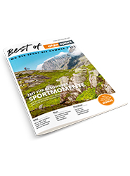 Magazincover mit dem Titel „Best of“ und einem Bild einer malerischen Berglandschaft. Der deutsche Text erwähnt „Sportmomente“ und Highlights für 2021. Ein kleiner orangefarbener Kreis weist darauf hin, dass „Jetzt im Handel“ (Jetzt im Verkauf) erhältlich ist.
