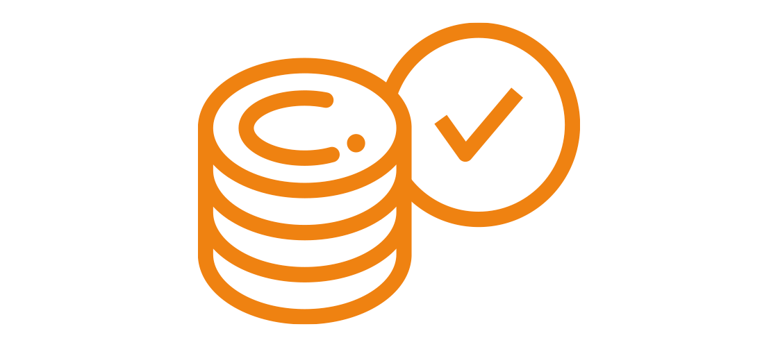 Ein orangefarbenes Symbol aus gestapelten Scheiben, das eine Datenbank darstellt, mit einem Häkchen in einem Kreis auf der rechten Seite, das die Datenvalidierung oder -genehmigung symbolisiert.