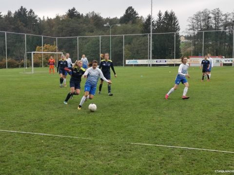 Auf einem Rasenplatz, umgeben von Bäumen und Zäunen, findet ein Frauenfußballspiel statt. Im Vordergrund kämpfen zwei Spielerinnen um den Ball, im Hintergrund sind weitere Spielerinnen und ein Torwart zu sehen. Der Himmel ist bedeckt.