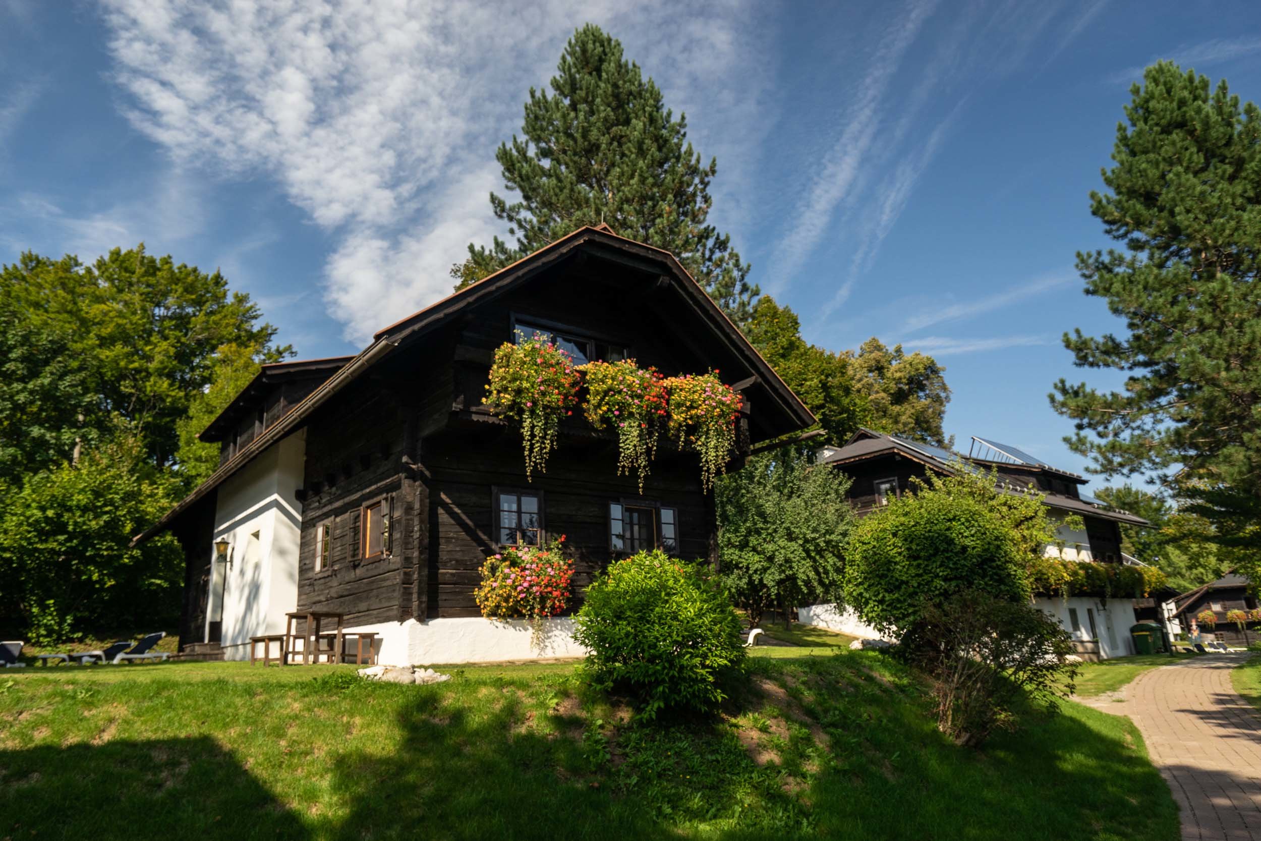 Ein rustikales Holzchalet mit Blumenkästen und schrägem Dach, umgeben von üppigem Grün und hohen Bäumen unter einem blauen Himmel mit zarten Wolken. Die Szene strahlt eine friedliche, idyllische Atmosphäre aus.