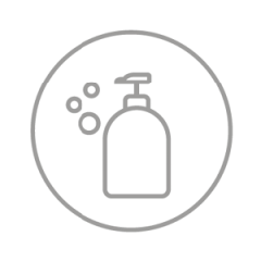 Eine einfache Strichzeichnung eines Seifenspenders mit Pumpe, umgeben von drei Blasen, die in einem Kreis eingeschlossen sind. Das Design ist in Grau auf weißem Hintergrund gehalten und vermittelt eine minimalistische und klare Ästhetik.
