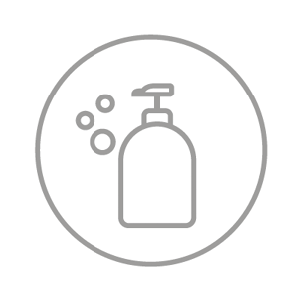 Eine einfache Strichzeichnung eines Seifenspenders mit Pumpe, umgeben von drei Blasen, die in einem Kreis eingeschlossen sind. Das Design ist in Grau auf weißem Hintergrund gehalten und vermittelt eine minimalistische und klare Ästhetik.