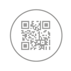 Ein QR-Code in Graustufen, eingeschlossen in einem hellgrauen Kreis auf weißem Hintergrund.