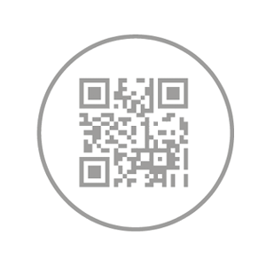 Ein QR-Code in Graustufen, eingeschlossen in einem hellgrauen Kreis auf weißem Hintergrund.