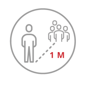 Symbol zur Darstellung der sozialen Distanzierung: Eine einzelne Person auf der linken Seite ist durch eine gepunktete Linie von einer Gruppe von Personen auf der rechten Seite getrennt. Die Linie ist rot mit „1 M“ gekennzeichnet, was einen Abstand von einem Meter bedeutet.