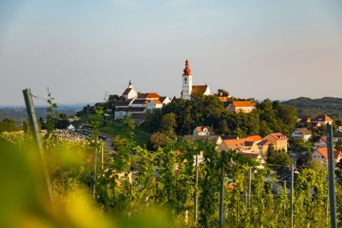 Ein malerisches Bergdorf mit einem markanten Kirchturm ist von üppigem Grün und Weinbergen umgeben. Die Szene spielt unter einem klaren Himmel mit sanftem Sonnenlicht, was eine friedliche und idyllische Atmosphäre schafft.