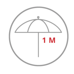 Eine einfache Strichzeichnung eines Regenschirms in einem Kreis mit der roten Aufschrift „1 M“ darunter, die eine Maßangabe darstellt.