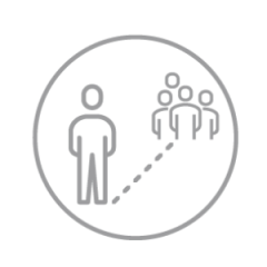 Symbol einer Person, die abseits einer Gruppe von vier Personen steht, die durch eine gepunktete Linie verbunden sind. Alle Figuren sind einfache, graue Silhouetten innerhalb eines Kreises, was Trennung oder Verbindung suggeriert.