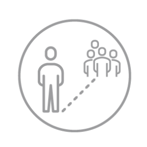 Symbol einer Person, die abseits einer Gruppe von vier Personen steht, die durch eine gepunktete Linie verbunden sind. Alle Figuren sind einfache, graue Silhouetten innerhalb eines Kreises, was Trennung oder Verbindung suggeriert.