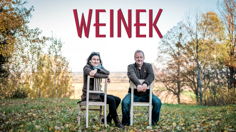 Eine Frau und ein Mann sitzen draußen auf Holzstühlen auf einer Wiese, umgeben von herbstlichen Bäumen. Über ihnen steht groß und rot das Wort „WEINEK“ am Himmel. Die Szene ist friedlich und farbenfroh.