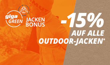 Orange-beige Anzeige, die eine Person zeigt, die eine Outdoor-Jacke trägt. Text: „giga GREEN JACKEN BONUS“ und „-15% AUF ALLE OUTDOOR-JACKEN*“.