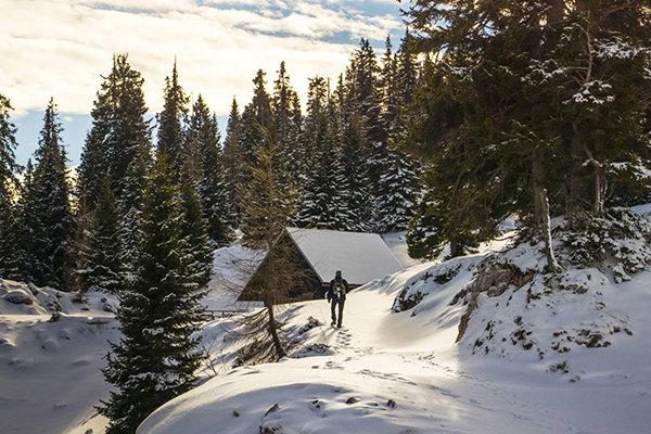 Eine Person geht einen verschneiten Pfad durch einen dichten Wald entlang. Immergrüne Bäume sind mit Schnee bedeckt und eine kleine Holzhütte mit steilem Dach ist zu sehen. Der Himmel ist teilweise bewölkt und das Sonnenlicht wirft einen warmen Schein auf die Szene.