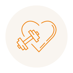Eine orangefarbene Umrissillustration eines Herzens, das mit einer Hantel auf einem hellen, kreisförmigen Hintergrund verflochten ist, als Symbol für Fitness und Gesundheit.