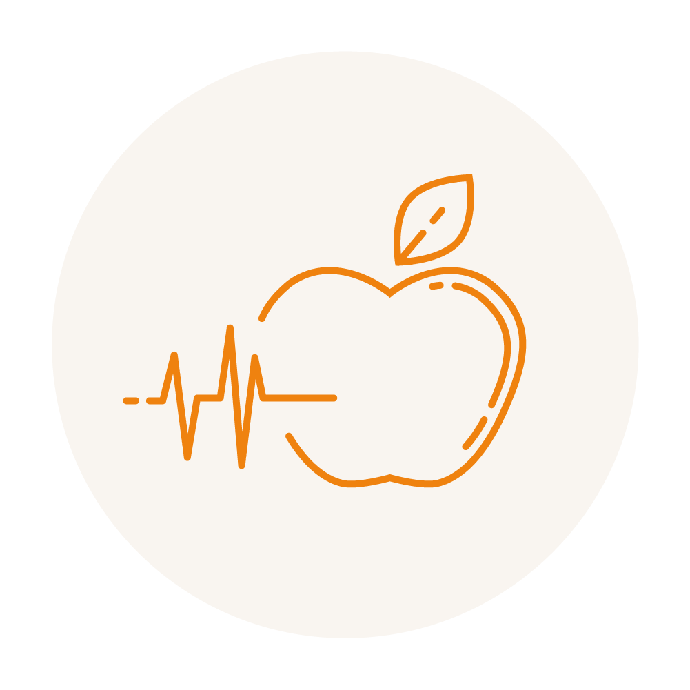 Orangefarbene Strichzeichnung eines Apfels mit einem Blatt und einer hindurchlaufenden Herzschlaglinie vor einem hellbeigen kreisförmigen Hintergrund.