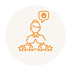 Eine Strichzeichnung einer Person mit Duttfrisur, begleitet von einer Sprechblase mit einem lächelnden Gesicht. Darunter sind fünf Sterne, wobei der mittlere Stern hervorgehoben ist. Das Design ist orange auf hellbeigem Hintergrund.