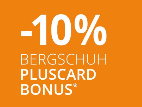 Orangefarbener Hintergrund mit weißem Text mit der Aufschrift „-10% Bergschuh Pluscard Bonus*“ in fetter Schrift.