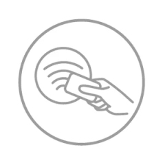Abbildung einer Hand, die eine Karte in Richtung eines Symbols für drahtloses Bezahlen hält, das kontaktloses Bezahlen anzeigt und von einer dünnen Linie umgeben ist.