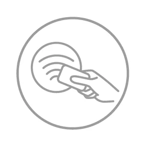Abbildung einer Hand, die eine Karte in Richtung eines Symbols für drahtloses Bezahlen hält, das kontaktloses Bezahlen anzeigt und von einer dünnen Linie umgeben ist.