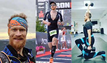 Collage aus drei Sportbildern: Eine Person in Outdoor-Ausrüstung lächelt in einer bergigen Gegend, läuft mit einer Startnummer an einem Rennen teil und macht einen Ausfallschritt, während sie in der Halle Gewichte hebt.