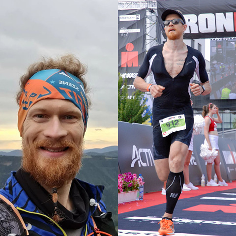 Geteiltes Bild einer Person: links lächelnd mit Kopftuch und Bergen im Hintergrund; rechts laufend bei einem Rennen mit Sonnenbrille, Startnummer und einer jubelnden Menge dahinter.