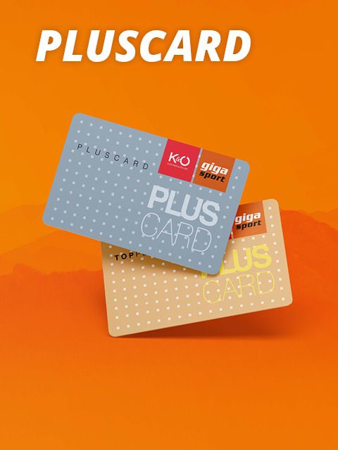 Zwei „Pluscard“-Karten auf orangefarbenem Hintergrund. Eine Karte ist grau mit rot-weißen Logos, die andere ist goldfarben mit weißem Gittermuster. Oben ist prominent der Schriftzug „PLUSCARD“ angebracht.