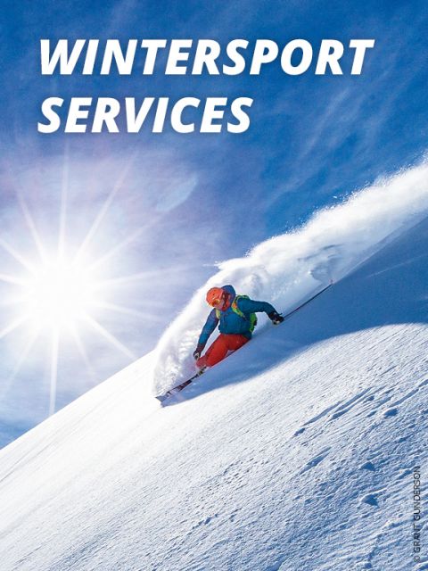 Ein Skifahrer in heller Ausrüstung fährt einen schneebedeckten Hang hinunter und sprüht dabei Schnee unter einem klaren blauen Himmel. Im Hintergrund scheint hell die Sonne. Oben steht der Text „WINTERSPORT SERVICES“.