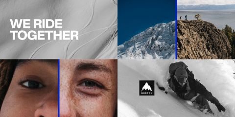 Collagenbild mit: einer verschneiten Landschaft mit dem Text „We Ride Together“, schneebedeckten Bergen, Wanderern an einer Klippe mit Blick auf das Wasser, einer Nahaufnahme verschiedener Augen, dem Burton-Logo und einem Snowboarder, der durch den Schnee gleitet.