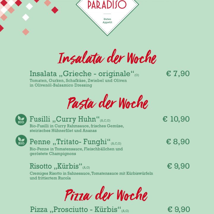 Speisekarte mit türkisfarbenem Hintergrund und Spezialitäten von Paradiso: Insalata der Woche (7,90 €), Pasta der Woche-Varianten (9,90-10,90 €), Risotto „Kürbis“ (9,90 €) und Pizza der Woche (9,90 €). Enthält Logos für mjam.at und Too Good To Go.