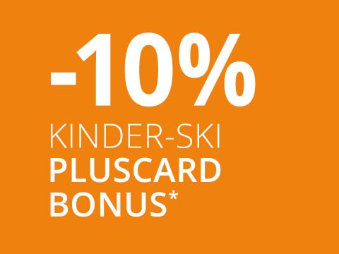 Oranger Hintergrund mit weißem Text „-10% Kinder-Ski Pluscard Bonus*“.