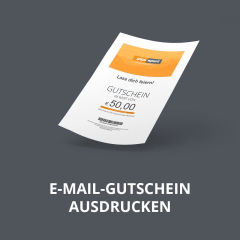 Auf dunklem Hintergrund ist eine digitale Darstellung eines E-Mail-Gutscheins im Wert von 50,00 € zu sehen. Der Text auf dem Bild lautet „E-MAIL-GUTSCHEIN AUSDRUCKEN“, was auf Englisch „E-MAIL-GUTSCHEIN AUSDRUCKEN“ bedeutet.
