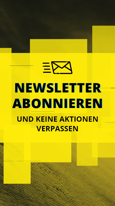 Gelbe Werbegrafik mit einem Umschlagsymbol und dem Text auf Deutsch: „Newsletter abonnieren und keine Aktionen verpassen“, der zum Abonnieren von Newslettern anregt. Der Hintergrund besteht aus abstrakten gelben Rechtecken und einem dunklen Strukturmuster.