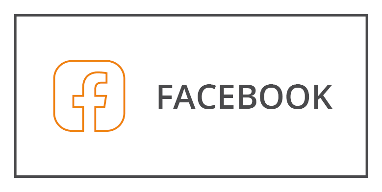 Ein weißer Hintergrund mit dem Wort „FACEBOOK“ in fetten grauen Buchstaben. Links davon befindet sich der orangefarbene Umriss eines Quadrats mit einem stilisierten kleinen „f“ darin, das dem Facebook-Logo ähnelt.