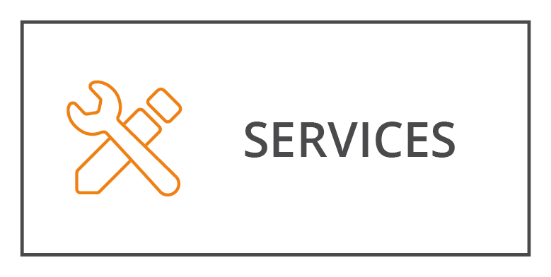 Ein Symbol mit einem übereinander gekreuzten orangefarbenen Schraubenschlüssel und Schraubenzieher, daneben das Wort „SERVICES“ in fettem grauem Text, alles innerhalb eines dünnen schwarzen rechteckigen Rahmens.