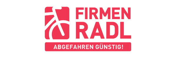 Das Logo zeigt ein stilisiertes weißes Fahrradsymbol auf rotem Hintergrund, daneben steht in fetten roten Buchstaben „FIRMEN RADL“. Darunter steht auf einem roten Banner mit weißer Schrift „ABGEFAHREN GÜNSTIG!“.