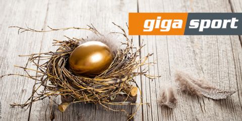 Ein goldenes Ei liegt in Zweigen auf einer Holzoberfläche, daneben weiche Federn. Das „Giga Sport“-Logo befindet sich in der oberen rechten Ecke und zeigt orange-weißen Text auf grauem Hintergrund.